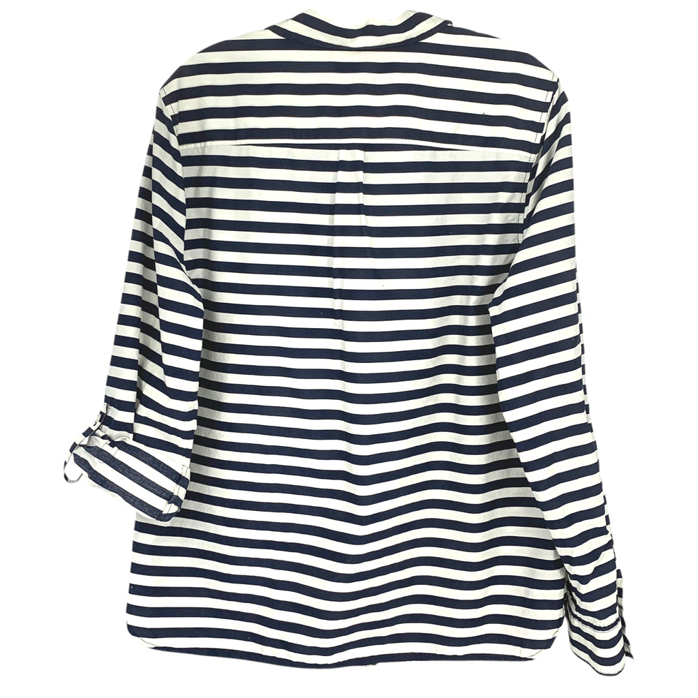 Talbots Plus Sz 16 Navy White Striped Button Front Shirt Roll Tab Sleeves - Picture 7 of 7